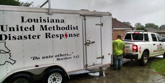 Equipment trailer being pulled out